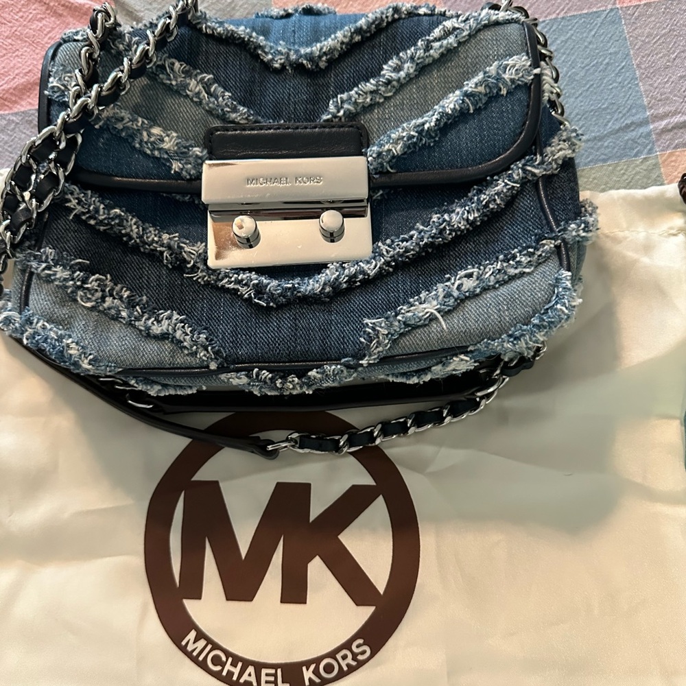 Michael Kors Distressed Denim Shoulder Bag with Silver Hardware